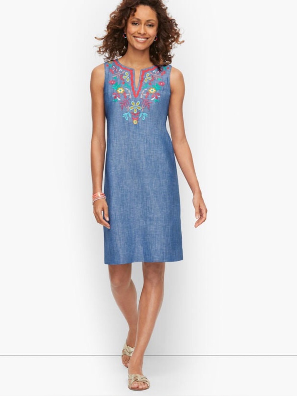 Talbots Linen Blend Floral Embroidered Chambray Shift Dress Size 10P